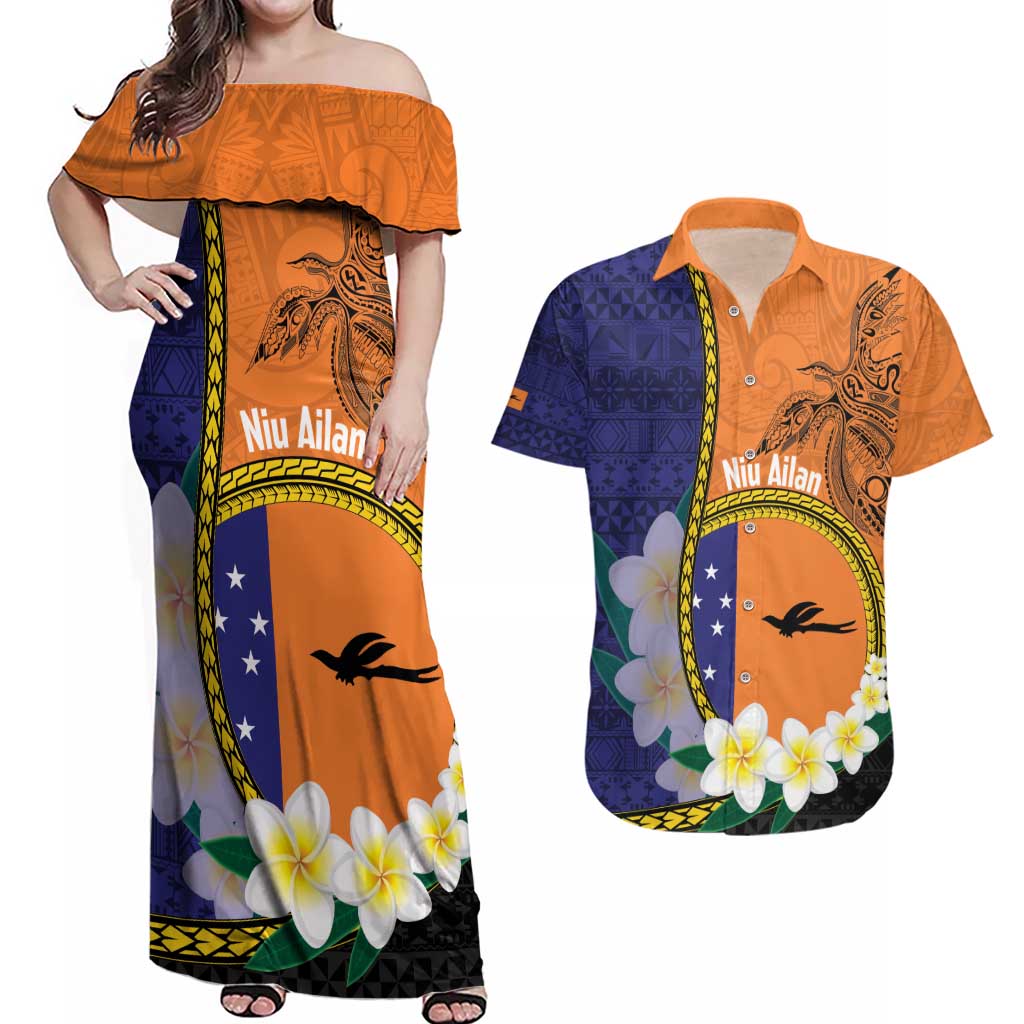 Personalised PNG Niu Ailan Couples Matching Off Shoulder Maxi Dress and Hawaiian Shirt Papua New Guinea Plumeria Melanesian Pattern LT14 Orange - Polynesian Pride