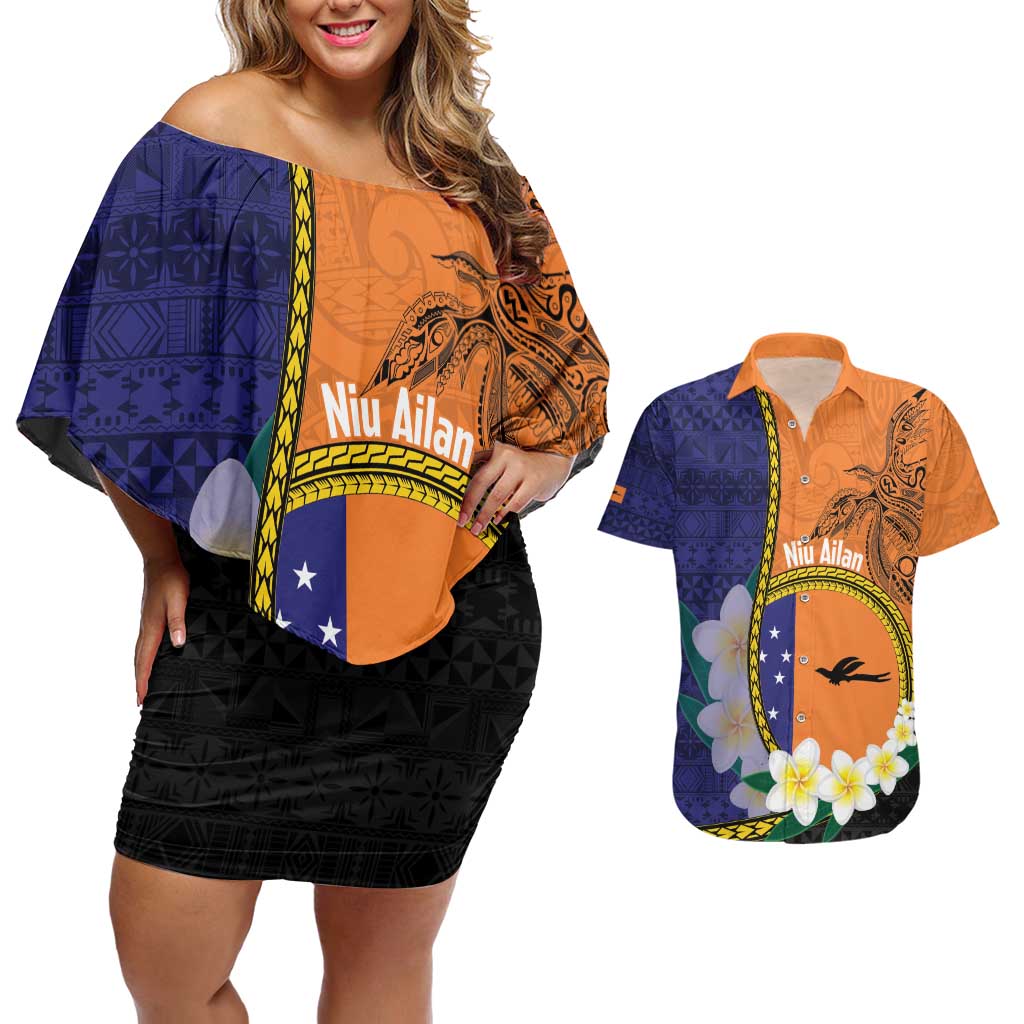 Personalised PNG Niu Ailan Couples Matching Off Shoulder Short Dress and Hawaiian Shirt Papua New Guinea Plumeria Melanesian Pattern LT14 Orange - Polynesian Pride