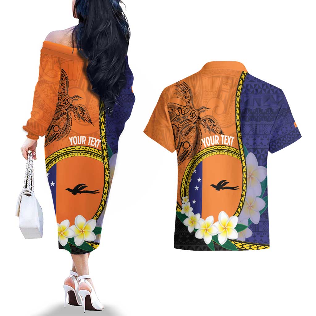 Personalised PNG Niu Ailan Couples Matching Off The Shoulder Long Sleeve Dress and Hawaiian Shirt Papua New Guinea Plumeria Melanesian Pattern LT14 - Polynesian Pride