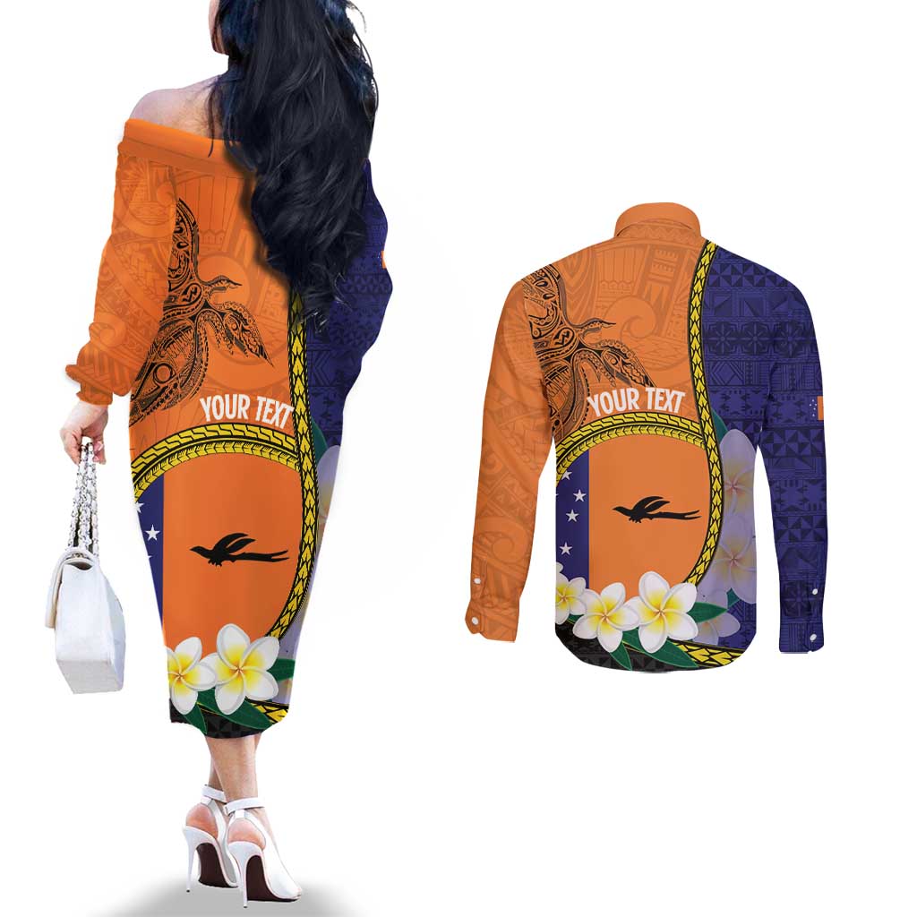 Personalised PNG Niu Ailan Couples Matching Off The Shoulder Long Sleeve Dress and Long Sleeve Button Shirt Papua New Guinea Plumeria Melanesian Pattern LT14 - Polynesian Pride
