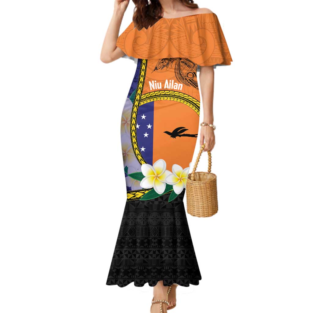 Personalised PNG Niu Ailan Family Matching Mermaid Dress and Hawaiian Shirt Papua New Guinea Plumeria Melanesian Pattern LT14 Mom's Dress Orange - Polynesian Pride