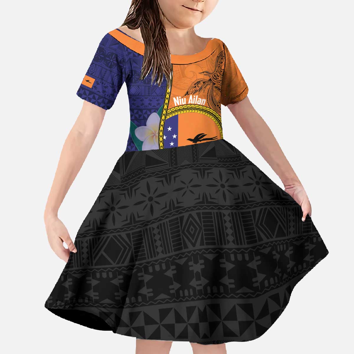Personalised PNG Niu Ailan Family Matching Off The Shoulder Long Sleeve Dress and Hawaiian Shirt Papua New Guinea Plumeria Melanesian Pattern LT14 Daughter's Dress Orange - Polynesian Pride