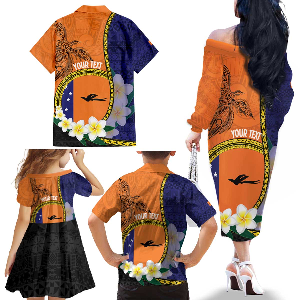 Personalised PNG Niu Ailan Family Matching Off The Shoulder Long Sleeve Dress and Hawaiian Shirt Papua New Guinea Plumeria Melanesian Pattern LT14 - Polynesian Pride