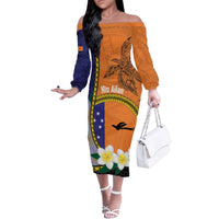 Personalised PNG Niu Ailan Family Matching Off The Shoulder Long Sleeve Dress and Hawaiian Shirt Papua New Guinea Plumeria Melanesian Pattern LT14 Mom's Dress Orange - Polynesian Pride