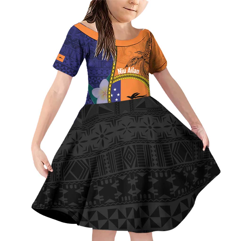 Personalised PNG Niu Ailan Family Matching Off Shoulder Short Dress and Hawaiian Shirt Papua New Guinea Plumeria Melanesian Pattern LT14 Daughter's Dress Orange - Polynesian Pride