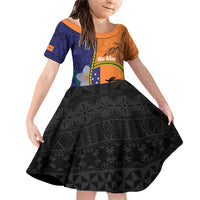 Personalised PNG Niu Ailan Family Matching Off Shoulder Short Dress and Hawaiian Shirt Papua New Guinea Plumeria Melanesian Pattern LT14 Daughter's Dress Orange - Polynesian Pride
