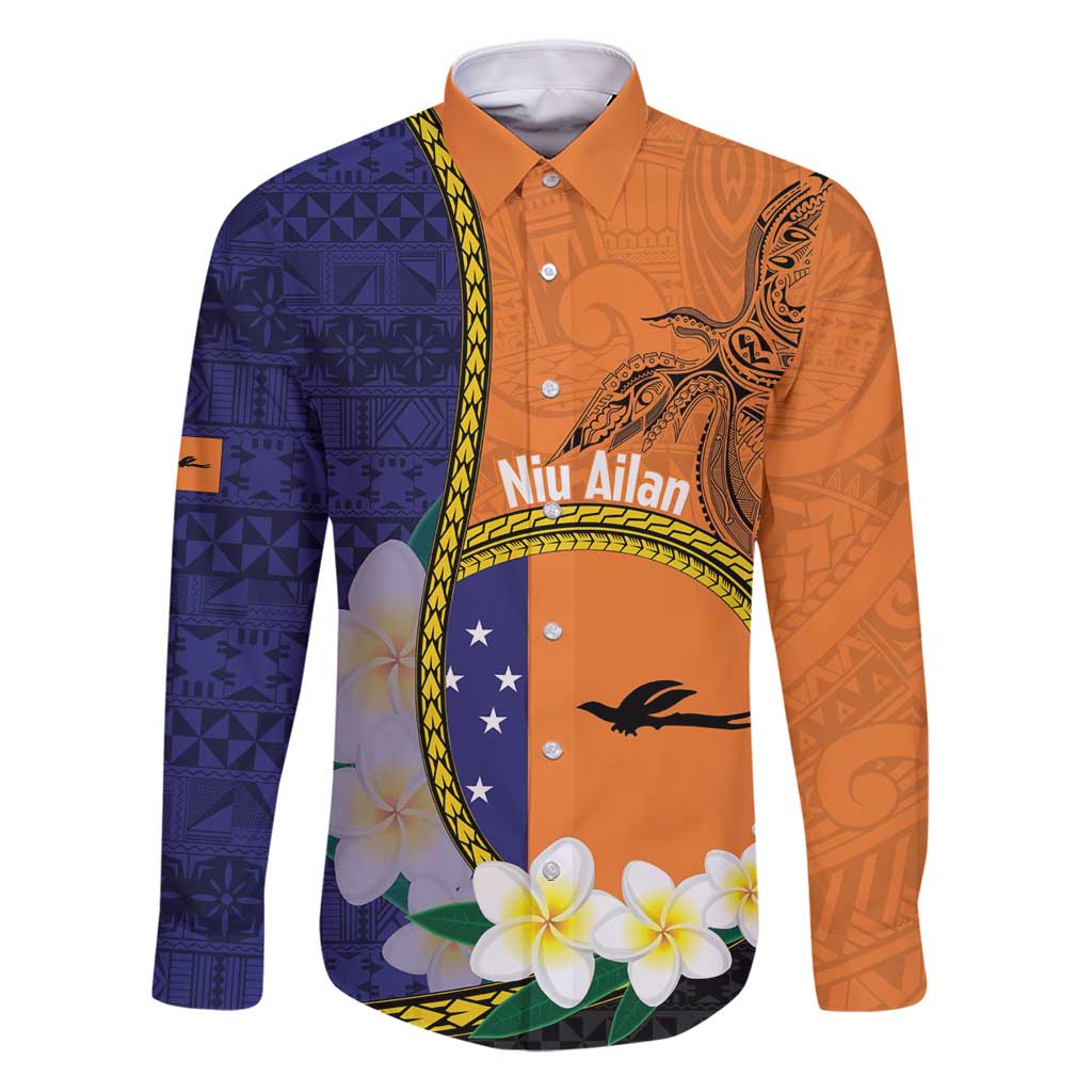 Personalised PNG Niu Ailan Family Matching Puletasi and Hawaiian Shirt Papua New Guinea Plumeria Melanesian Pattern LT14 Dad's Shirt - Long Sleeve Orange - Polynesian Pride