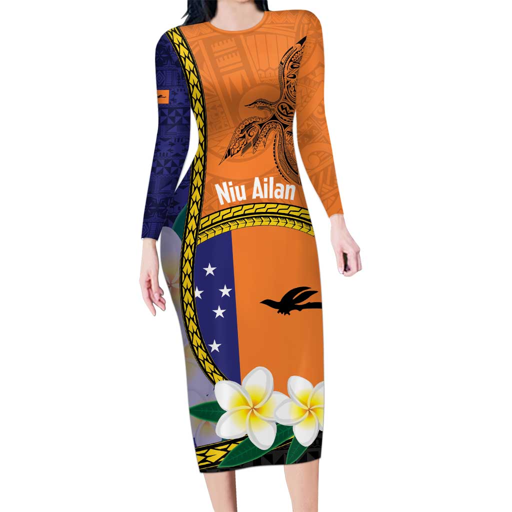 Personalised PNG Niu Ailan Long Sleeve Bodycon Dress Papua New Guinea Plumeria Melanesian Pattern LT14 Long Dress Orange - Polynesian Pride