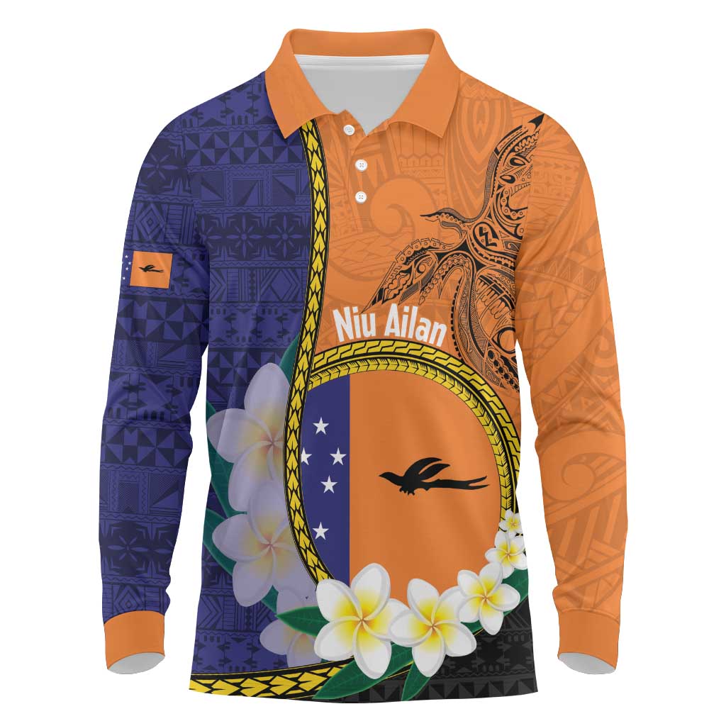 Personalised PNG Niu Ailan Long Sleeve Polo Shirt Papua New Guinea Plumeria Melanesian Pattern LT14 Orange - Polynesian Pride