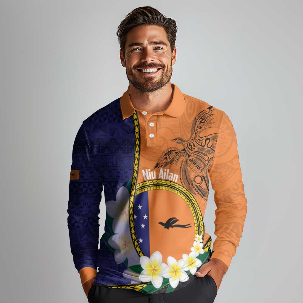 Personalised PNG Niu Ailan Long Sleeve Polo Shirt Papua New Guinea Plumeria Melanesian Pattern LT14 - Polynesian Pride