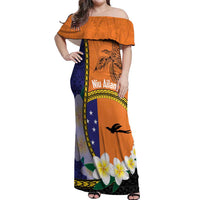 Personalised PNG Niu Ailan Off Shoulder Maxi Dress Papua New Guinea Plumeria Melanesian Pattern LT14 Women Orange - Polynesian Pride