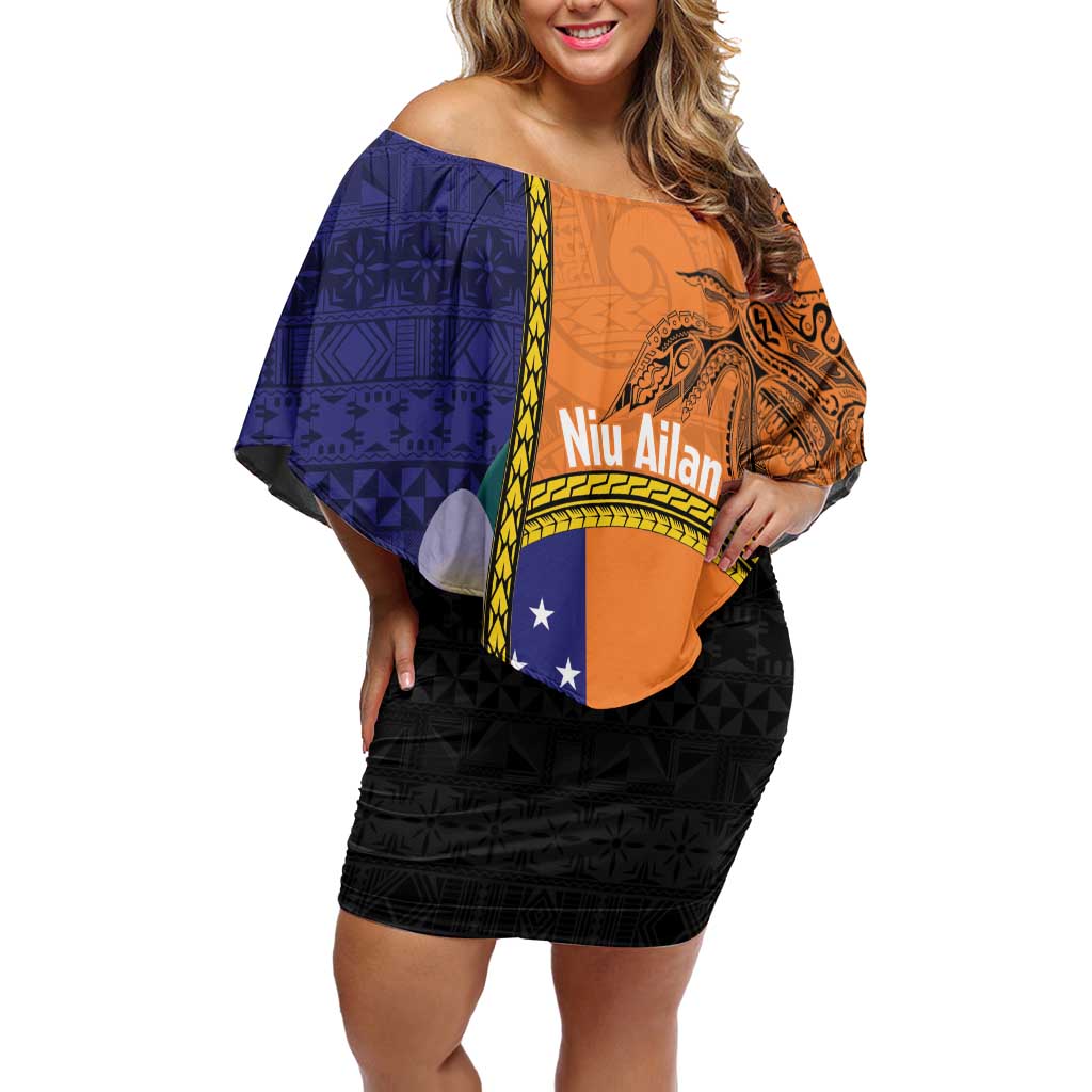 Personalised PNG Niu Ailan Off Shoulder Short Dress Papua New Guinea Plumeria Melanesian Pattern LT14 Women Orange - Polynesian Pride