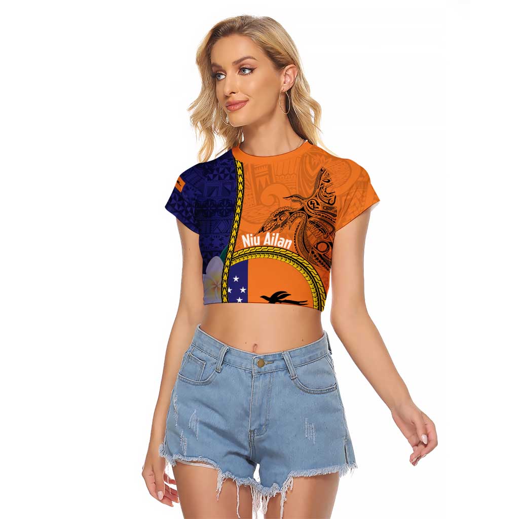 Personalised PNG Niu Ailan Raglan Cropped T Shirt Papua New Guinea Plumeria Melanesian Pattern LT14 Female Orange - Polynesian Pride