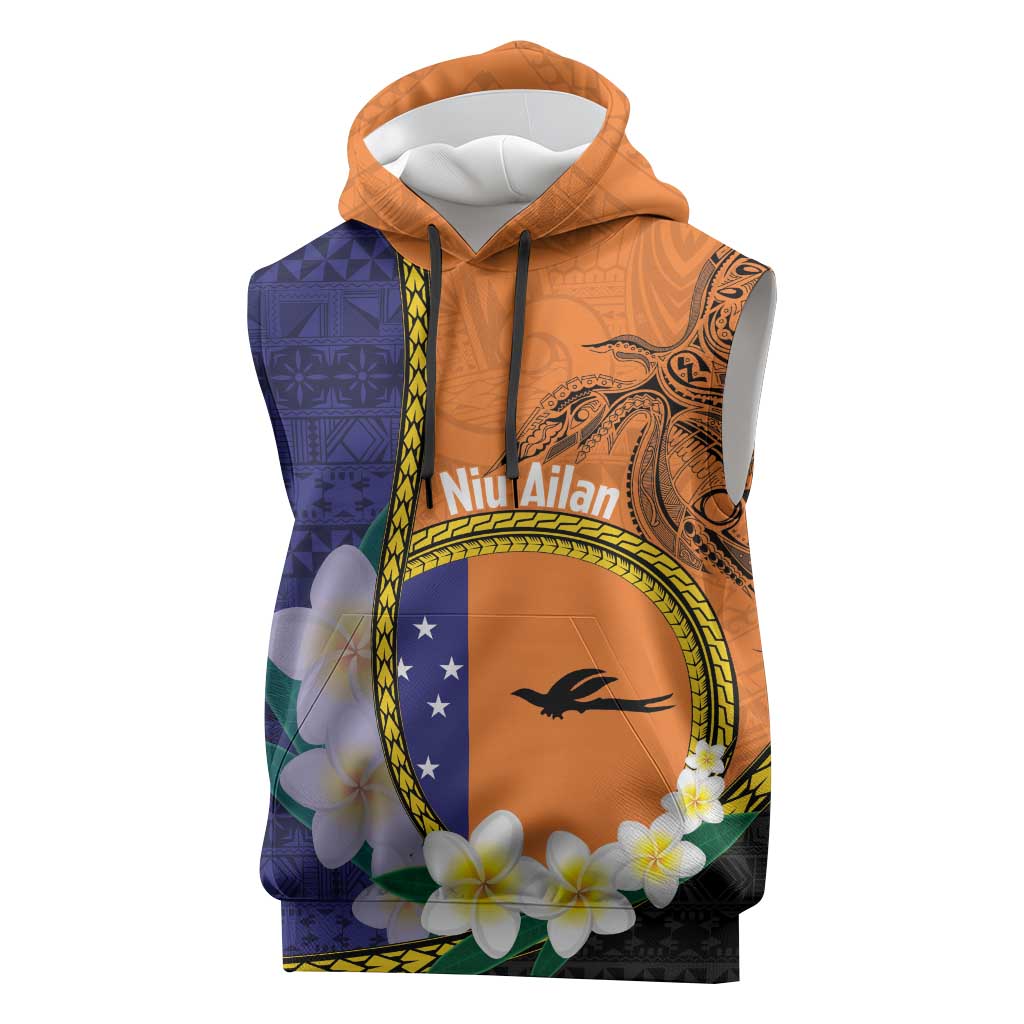 Personalised PNG Niu Ailan Sleeveless Hoodie Papua New Guinea Plumeria Melanesian Pattern LT14 Orange - Polynesian Pride
