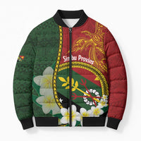 Personalised PNG Simbu Provins Bomber Puffer Jacket Papua New Guinea Plumeria Melanesian Pattern LT14 Green - Polynesian Pride