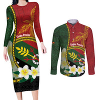 Personalised PNG Simbu Provins Couples Matching Long Sleeve Bodycon Dress and Long Sleeve Button Shirt Papua New Guinea Plumeria Melanesian Pattern LT14 Green - Polynesian Pride