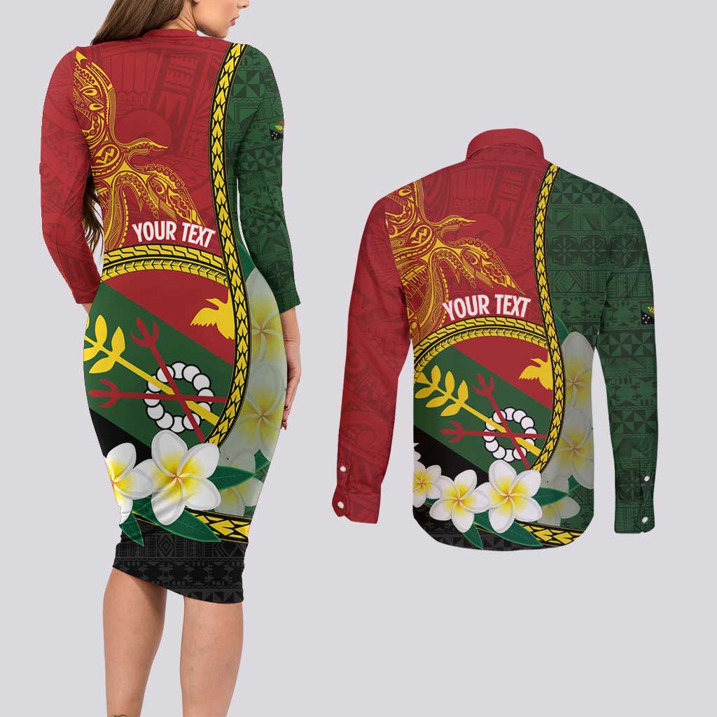 Personalised PNG Simbu Provins Couples Matching Long Sleeve Bodycon Dress and Long Sleeve Button Shirt Papua New Guinea Plumeria Melanesian Pattern LT14 - Polynesian Pride