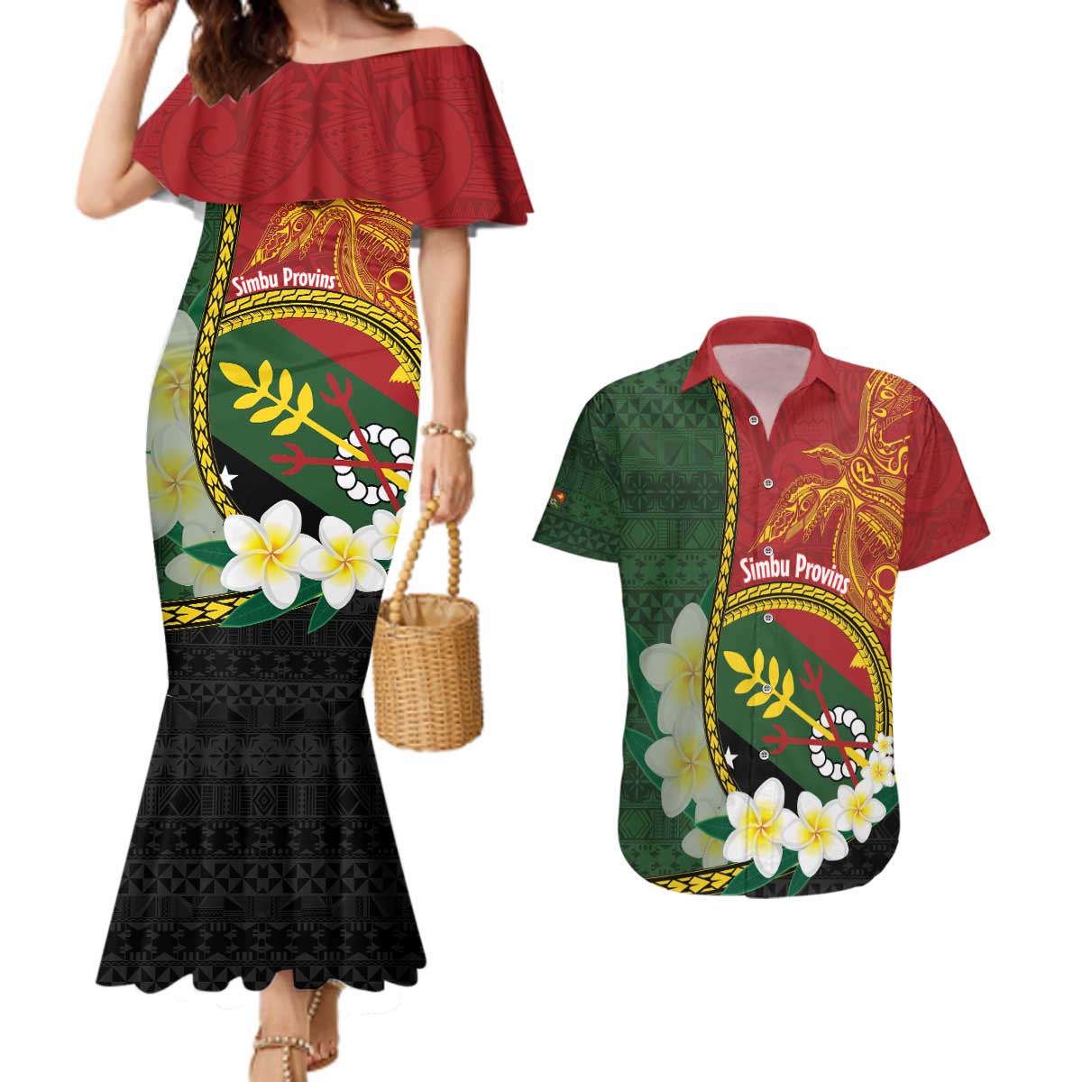 Personalised PNG Simbu Provins Couples Matching Mermaid Dress and Hawaiian Shirt Papua New Guinea Plumeria Melanesian Pattern LT14 Green - Polynesian Pride