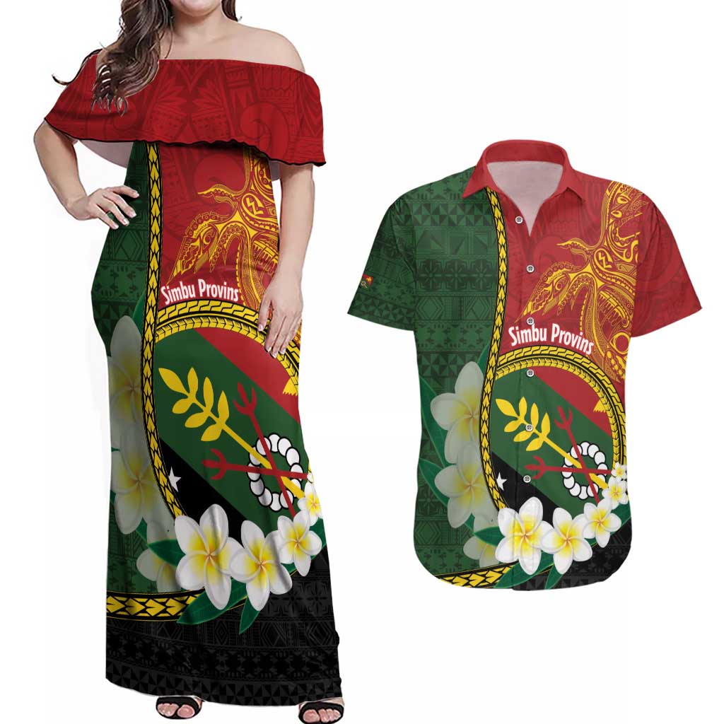 Personalised PNG Simbu Provins Couples Matching Off Shoulder Maxi Dress and Hawaiian Shirt Papua New Guinea Plumeria Melanesian Pattern - Polynesian Pride