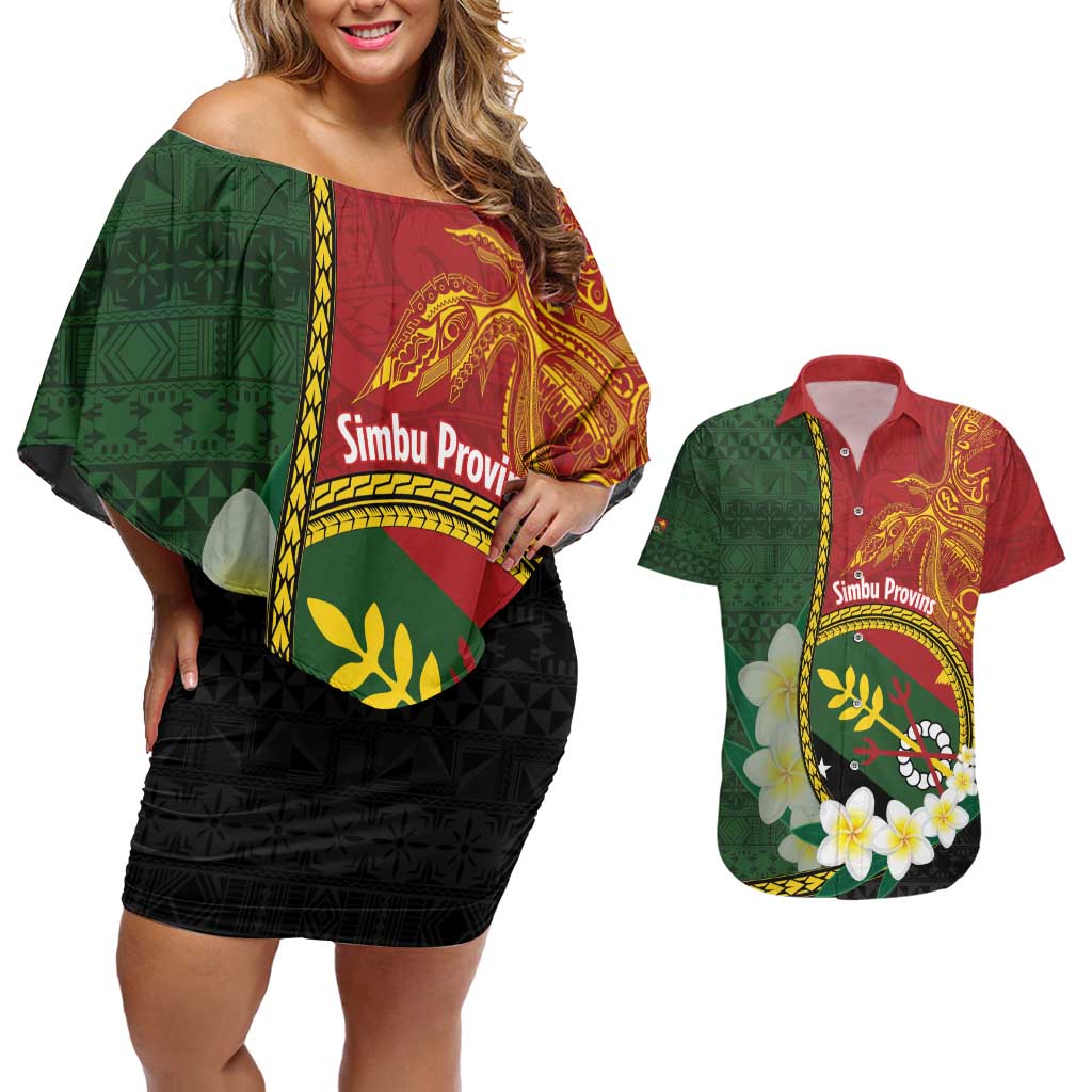 Personalised PNG Simbu Provins Couples Matching Off Shoulder Short Dress and Hawaiian Shirt Papua New Guinea Plumeria Melanesian Pattern LT14 Green - Polynesian Pride