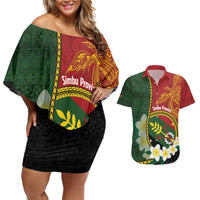 Personalised PNG Simbu Provins Couples Matching Off Shoulder Short Dress and Hawaiian Shirt Papua New Guinea Plumeria Melanesian Pattern LT14 Green - Polynesian Pride