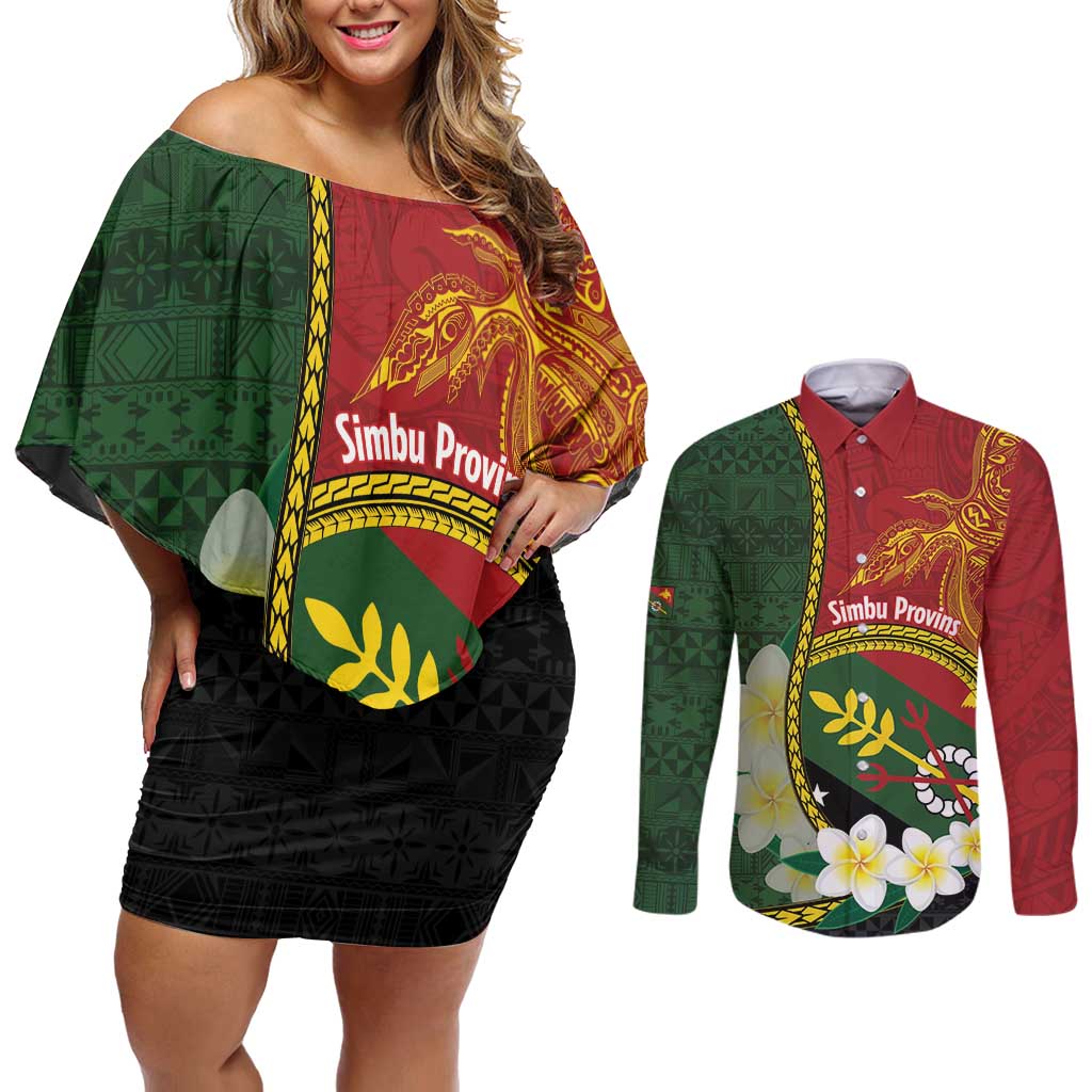 Personalised PNG Simbu Provins Couples Matching Off Shoulder Short Dress and Long Sleeve Button Shirt Papua New Guinea Plumeria Melanesian Pattern LT14 Green - Polynesian Pride