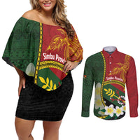 Personalised PNG Simbu Provins Couples Matching Off Shoulder Short Dress and Long Sleeve Button Shirt Papua New Guinea Plumeria Melanesian Pattern LT14 Green - Polynesian Pride