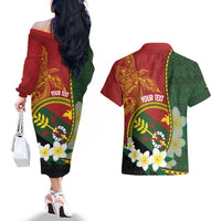 Personalised PNG Simbu Provins Couples Matching Off The Shoulder Long Sleeve Dress and Hawaiian Shirt Papua New Guinea Plumeria Melanesian Pattern LT14 - Polynesian Pride