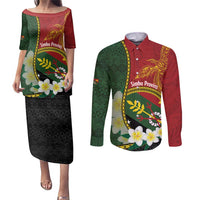 Personalised PNG Simbu Provins Couples Matching Puletasi and Long Sleeve Button Shirt Papua New Guinea Plumeria Melanesian Pattern LT14 Green - Polynesian Pride