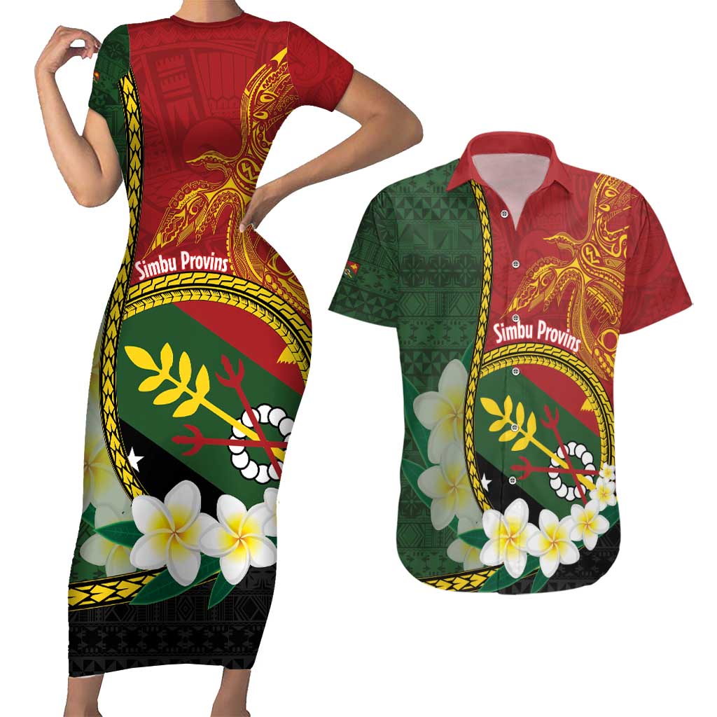 Personalised PNG Simbu Provins Couples Matching Short Sleeve Bodycon Dress and Hawaiian Shirt Papua New Guinea Plumeria Melanesian Pattern LT14 Green - Polynesian Pride