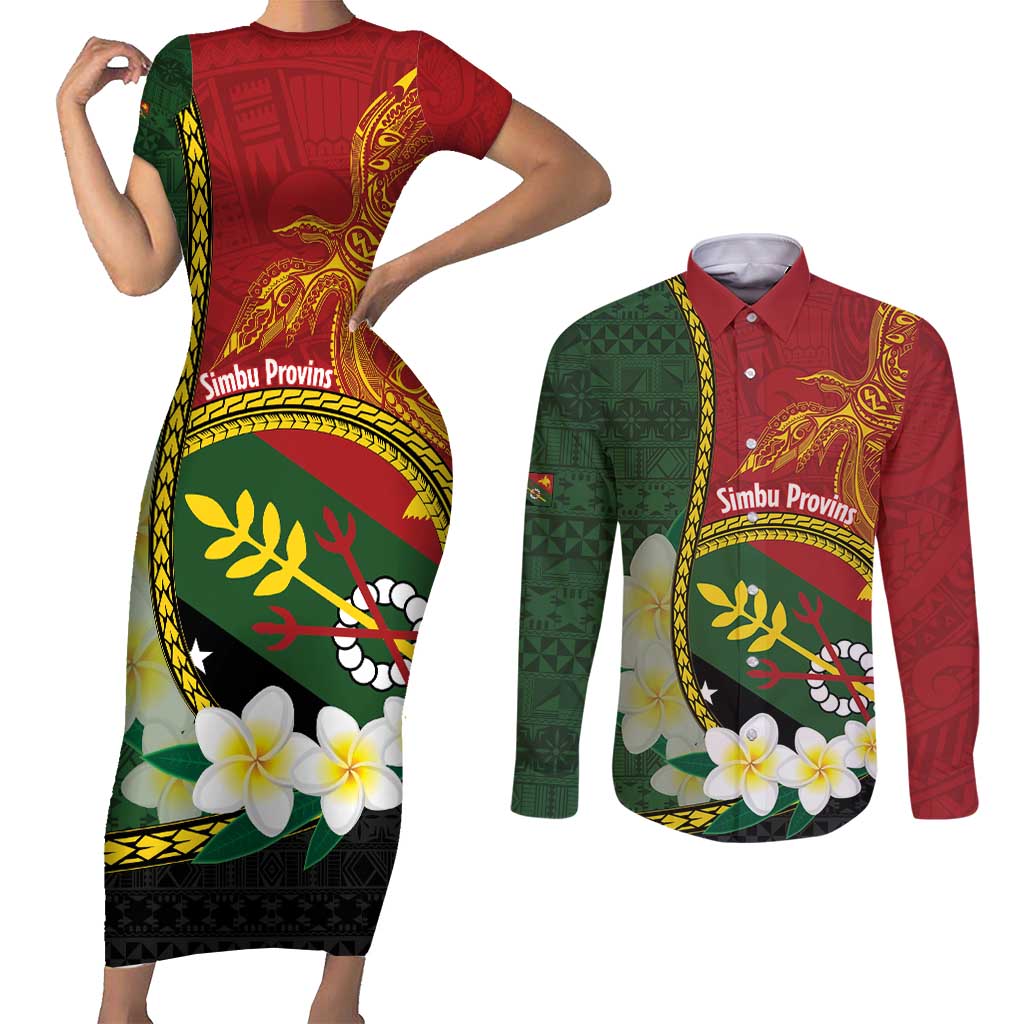 Personalised PNG Simbu Provins Couples Matching Short Sleeve Bodycon Dress and Long Sleeve Button Shirt Papua New Guinea Plumeria Melanesian Pattern LT14 Green - Polynesian Pride