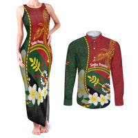 Personalised PNG Simbu Provins Couples Matching Tank Maxi Dress and Long Sleeve Button Shirt Papua New Guinea Plumeria Melanesian Pattern LT14 Green - Polynesian Pride