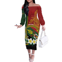 Personalised PNG Simbu Provins Family Matching Off The Shoulder Long Sleeve Dress and Hawaiian Shirt Papua New Guinea Plumeria Melanesian Pattern LT14 Mom's Dress Green - Polynesian Pride