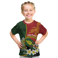 Personalised PNG Simbu Provins Kid T Shirt Papua New Guinea Plumeria Melanesian Pattern LT14 Green - Polynesian Pride