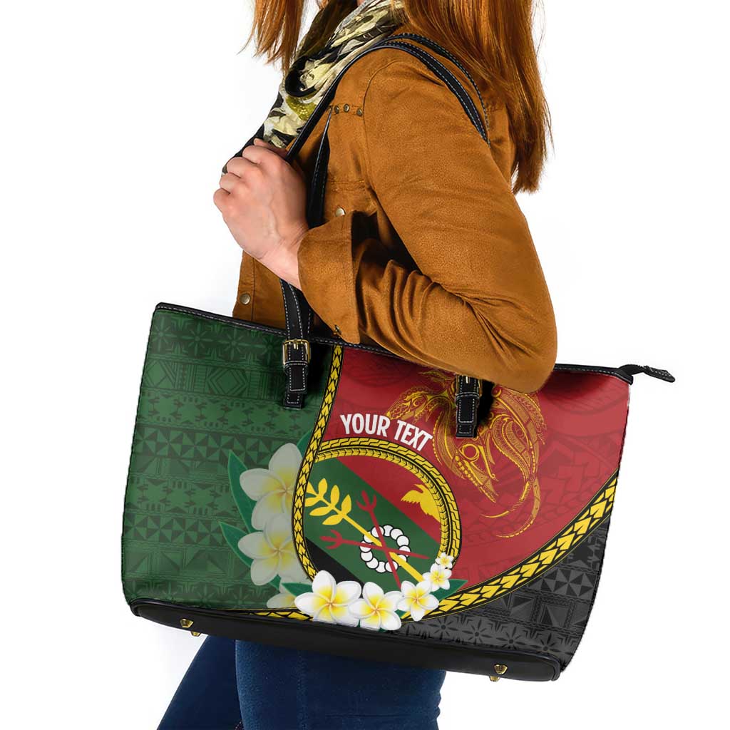 Personalised PNG Simbu Provins Leather Tote Bag Papua New Guinea Plumeria Melanesian Pattern - Polynesian Pride