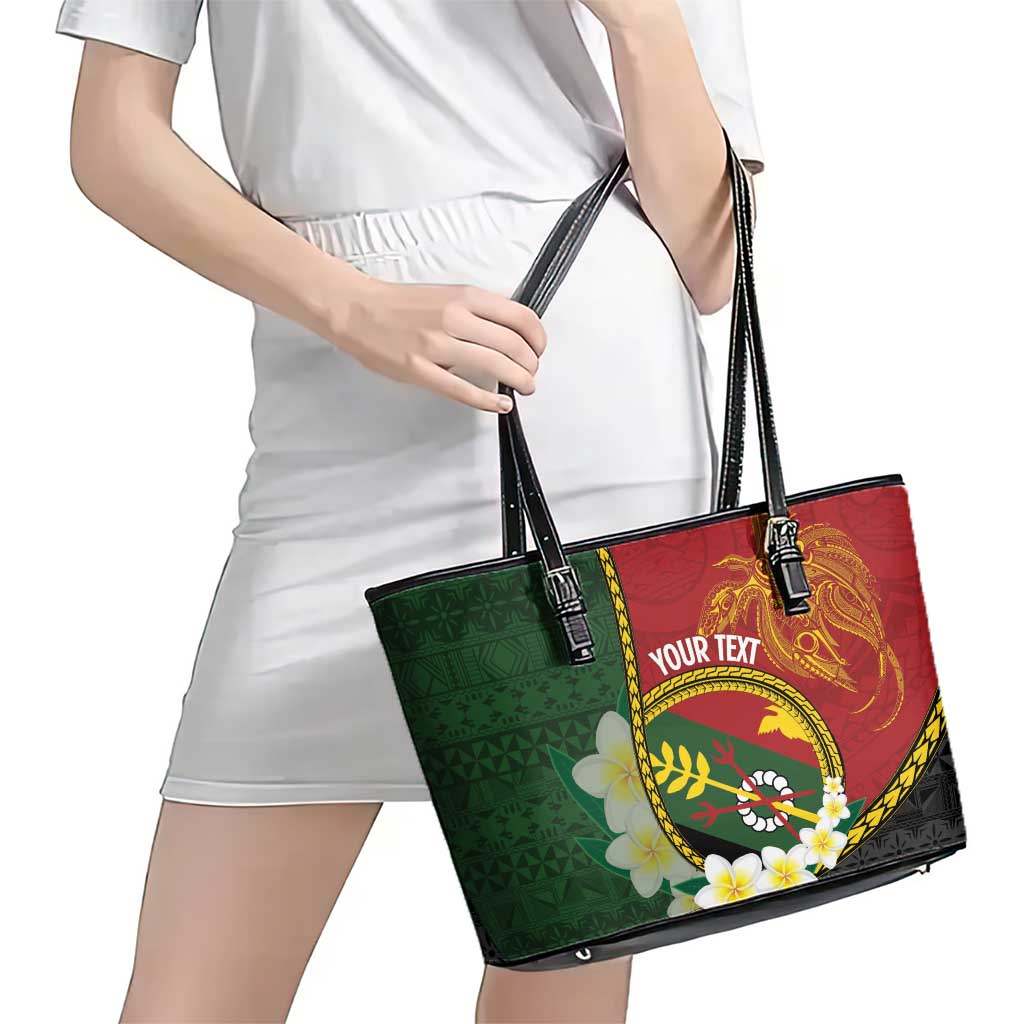 Personalised PNG Simbu Provins Leather Tote Bag Papua New Guinea Plumeria Melanesian Pattern - Polynesian Pride