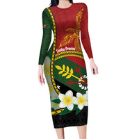 Personalised PNG Simbu Provins Long Sleeve Bodycon Dress Papua New Guinea Plumeria Melanesian Pattern LT14 Long Dress Green - Polynesian Pride