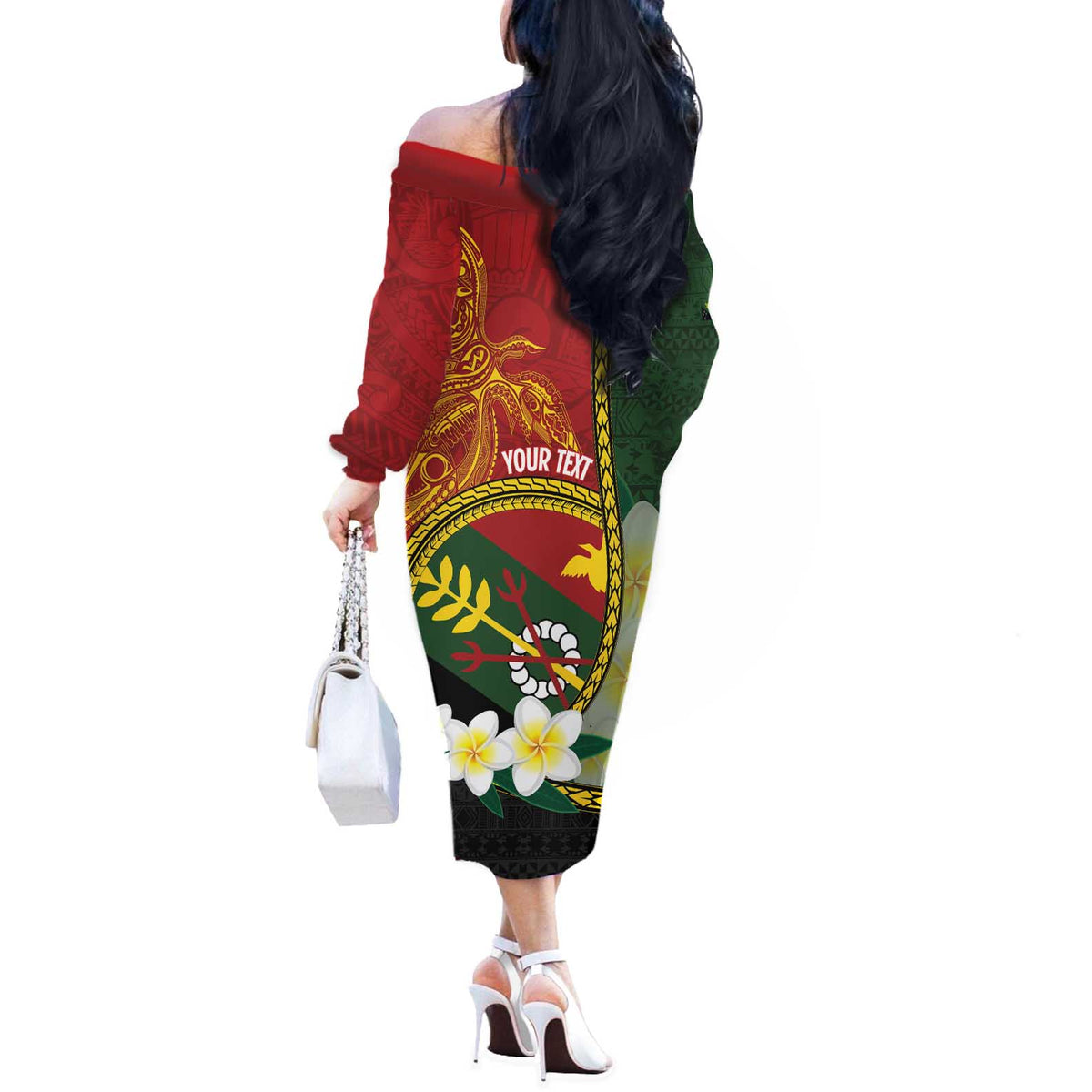 Personalised PNG Simbu Provins Off The Shoulder Long Sleeve Dress Papua New Guinea Plumeria Melanesian Pattern LT14 - Polynesian Pride