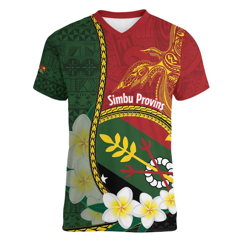 Personalised PNG Simbu Provins Women V-Neck T-Shirt Papua New Guinea Plumeria Melanesian Pattern LT14 Female Green - Polynesian Pride