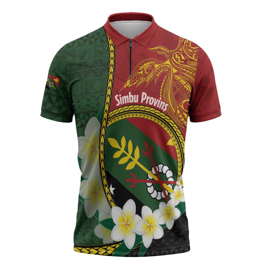 Personalised PNG Simbu Provins Zipper Polo Shirt Papua New Guinea Plumeria Melanesian Pattern LT14 Green - Polynesian Pride