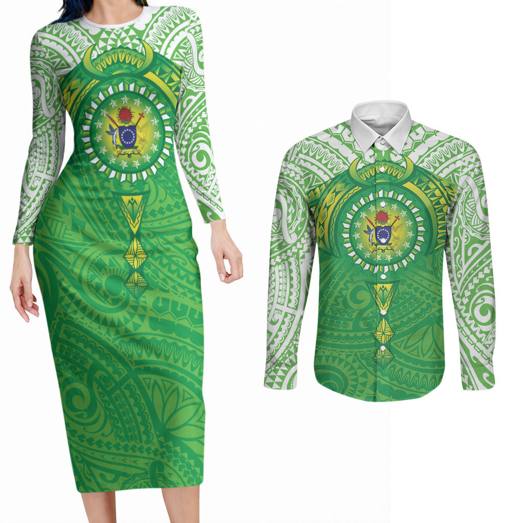 Cook Islands Manta Ray Couples Matching Long Sleeve Bodycon Dress and Long Sleeve Button Shirt Kuki Airani Tattoo Green Color