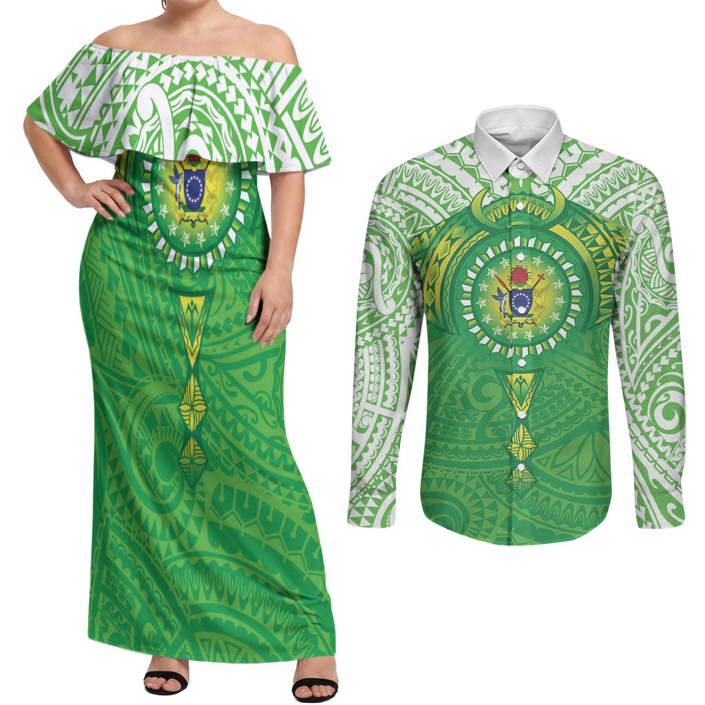 Cook Islands Manta Ray Couples Matching Off Shoulder Maxi Dress and Long Sleeve Button Shirt Kuki Airani Tattoo Green Color