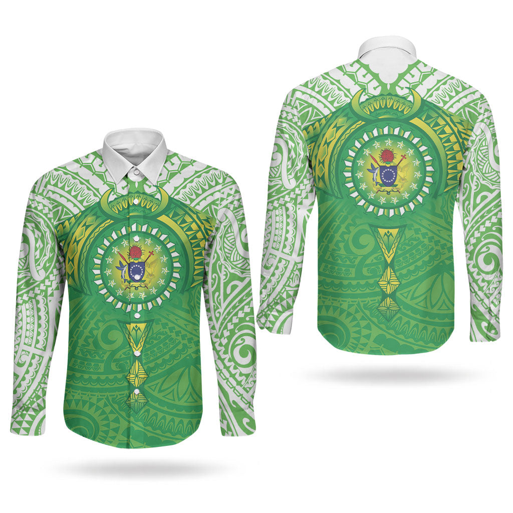 Cook Islands Manta Ray Couples Matching Off Shoulder Maxi Dress and Long Sleeve Button Shirt Kuki Airani Tattoo Green Color LT14 - Polynesian Pride