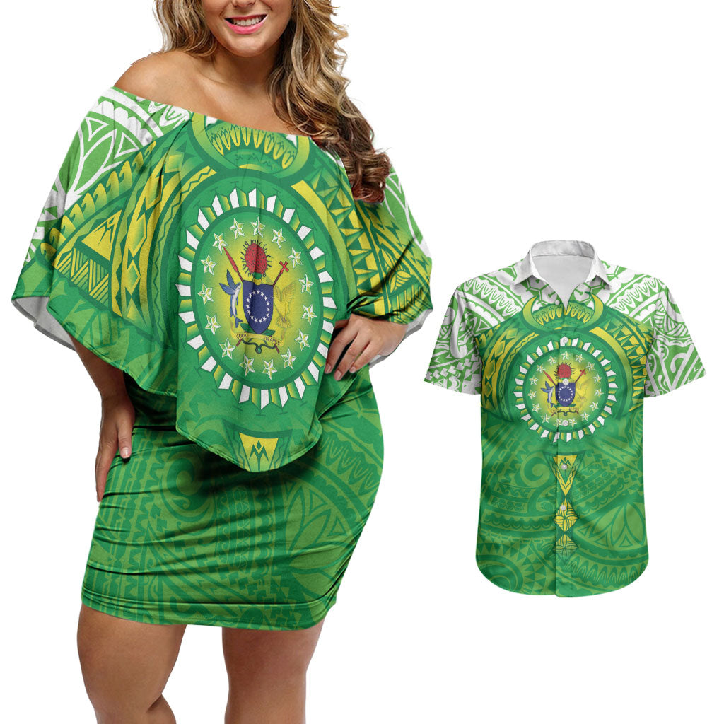 Cook Islands Manta Ray Couples Matching Off Shoulder Short Dress and Hawaiian Shirt Kuki Airani Tattoo Green Color