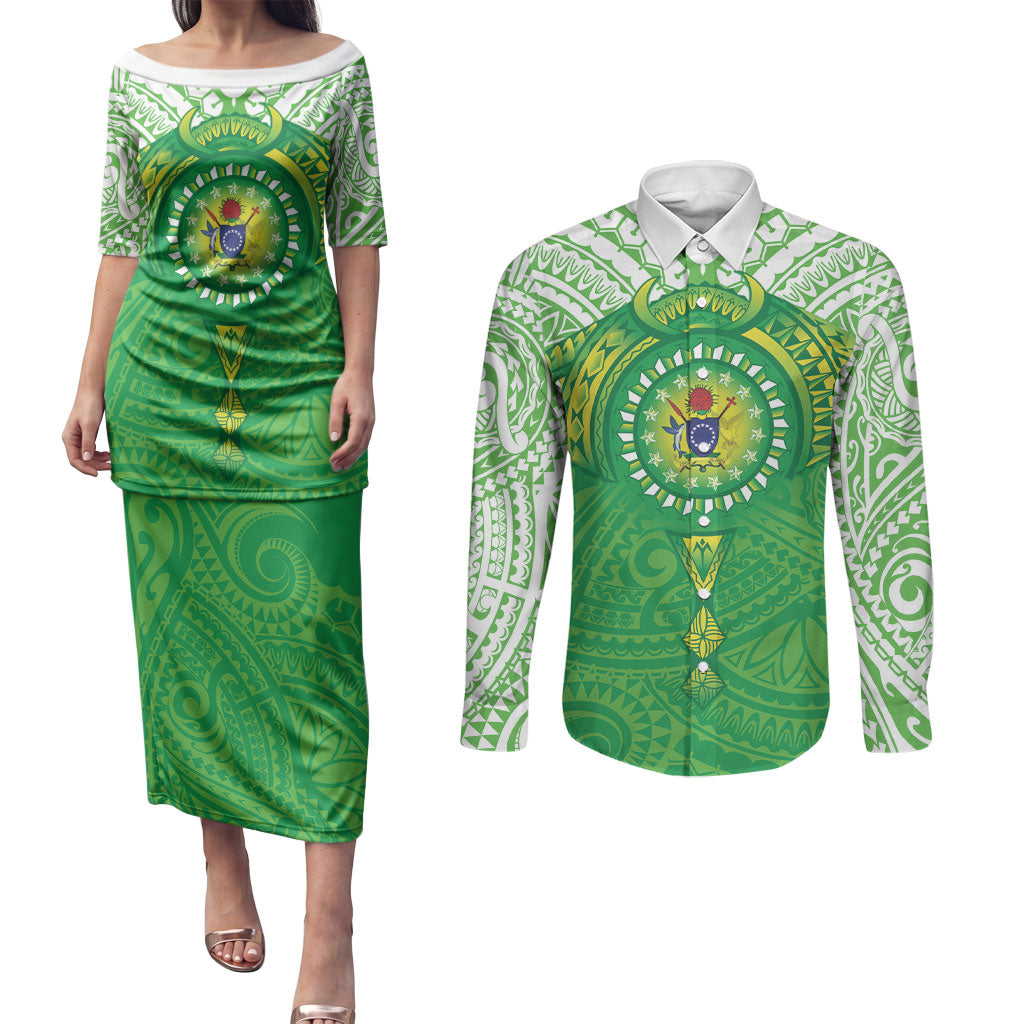 Cook Islands Manta Ray Couples Matching Puletasi and Long Sleeve Button Shirt Kuki Airani Tattoo Green Color