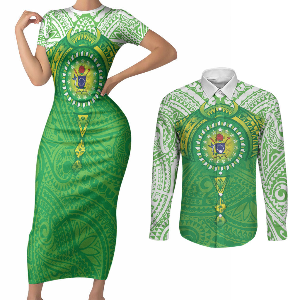 Cook Islands Manta Ray Couples Matching Short Sleeve Bodycon Dress and Long Sleeve Button Shirt Kuki Airani Tattoo Green Color