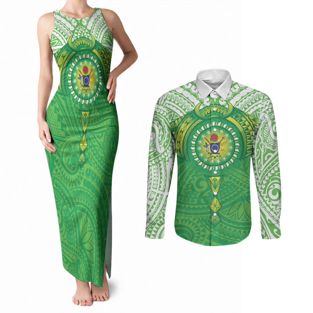 Cook Islands Manta Ray Couples Matching Tank Maxi Dress and Long Sleeve Button Shirt Kuki Airani Tattoo Green Color