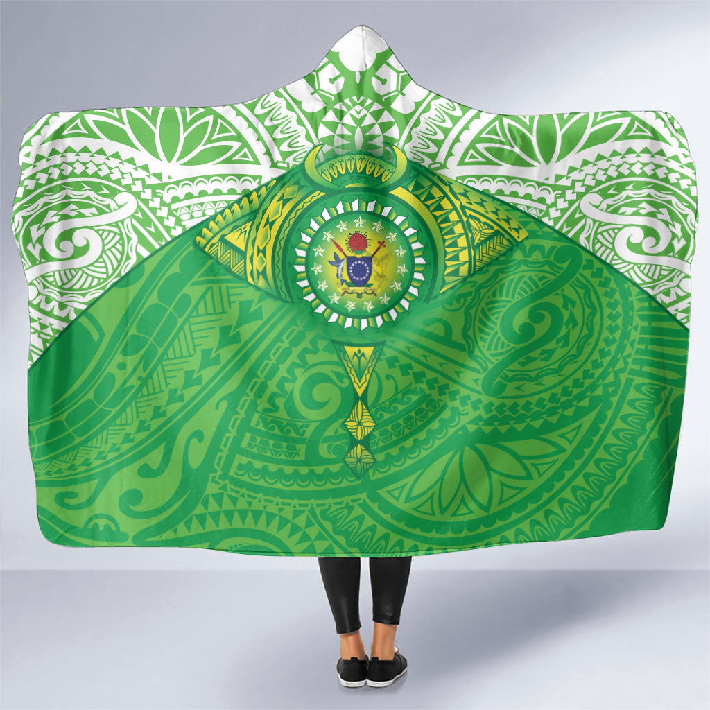 Cook Islands Manta Ray Hooded Blanket Kuki Airani Tattoo Green Color