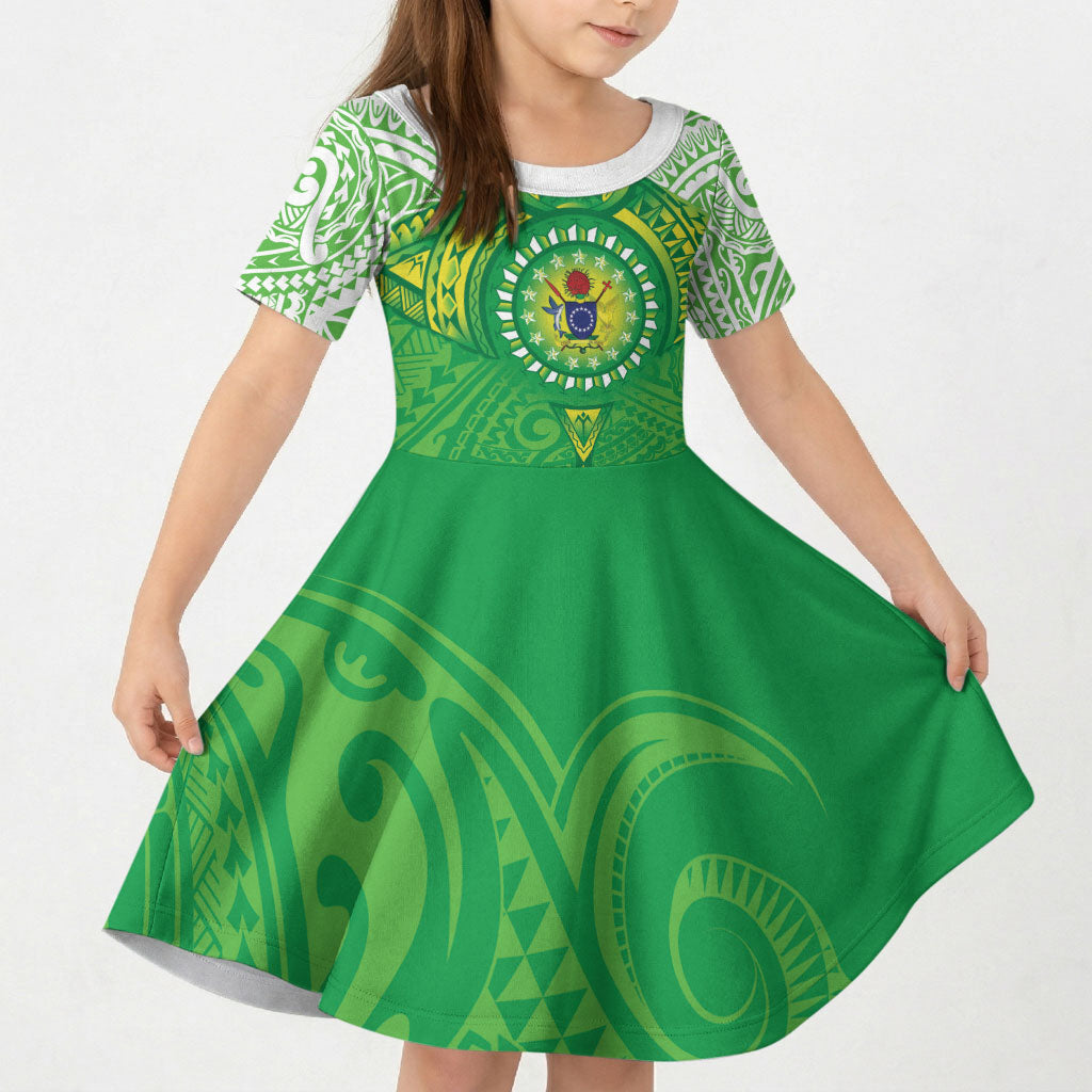 Cook Islands Manta Ray Kid Short Sleeve Dress Kuki Airani Tattoo Green Color