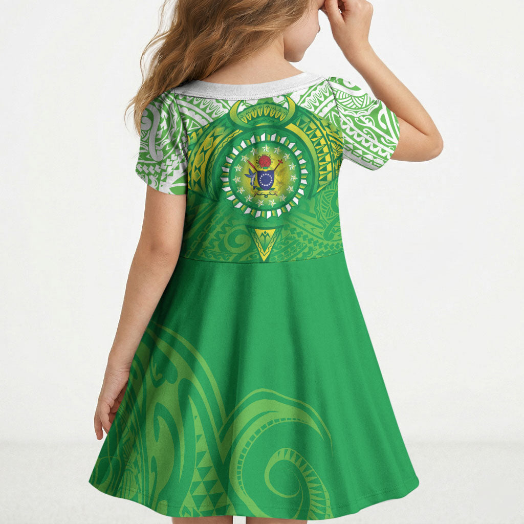 Cook Islands Manta Ray Kid Short Sleeve Dress Kuki Airani Tattoo Green Color LT14 - Polynesian Pride